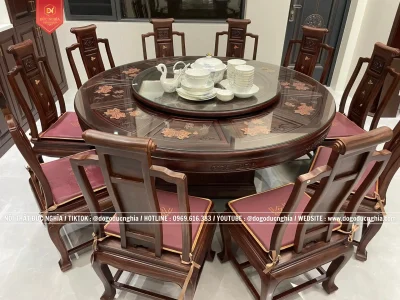 Bàn Ghế Ăn Tròn Như Ý 10 Ghế Gỗ Hương l Sang Trọn, Đẹp Mắt