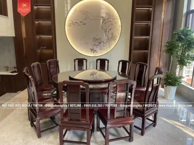 Bàn Ghế Ăn Tròn Triện Tranh 12 Ghế Gỗ Hương l Mộng Tàu