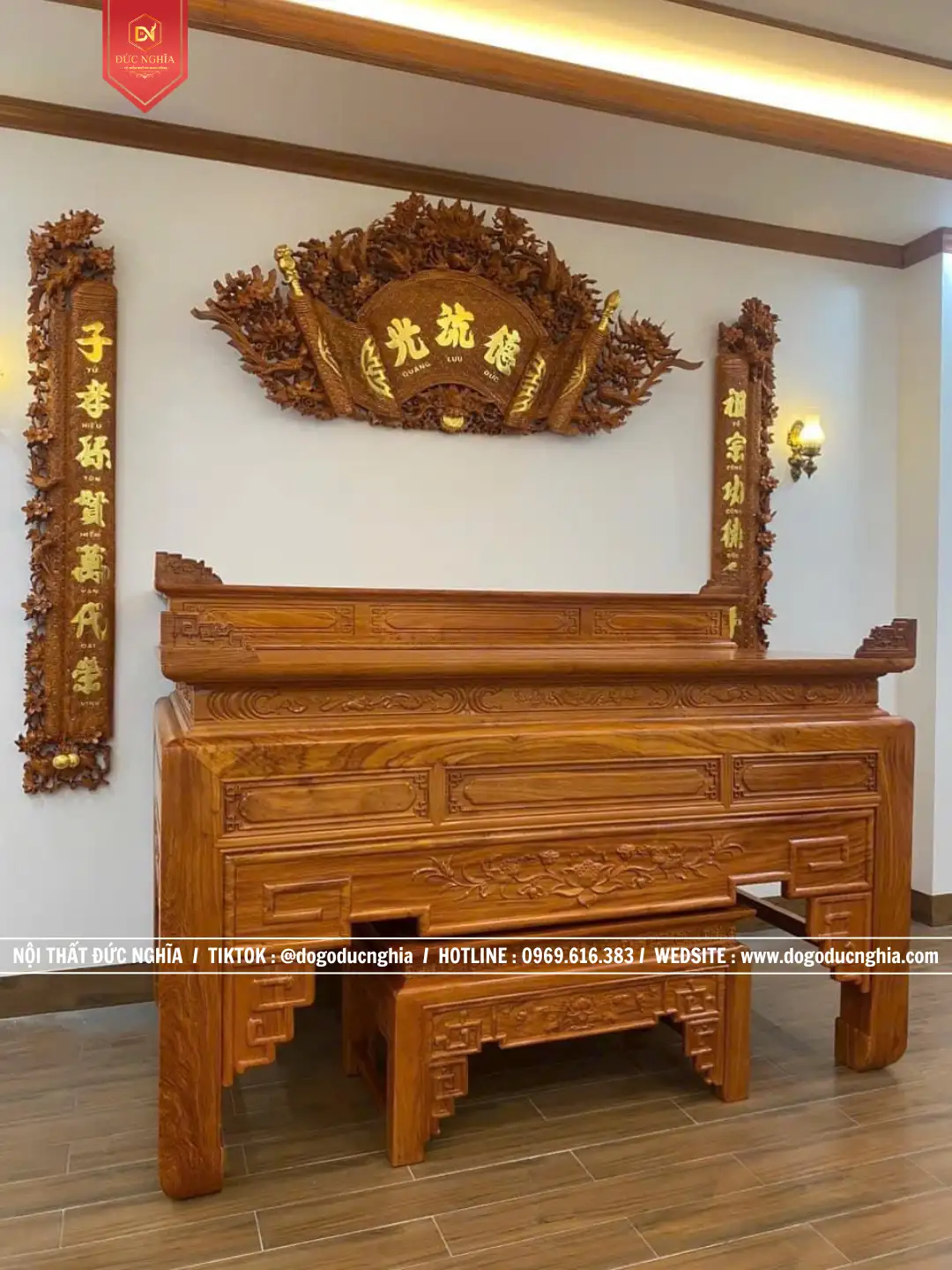 Án Gian Thờ Triện Sen Gỗ Hương Đẹp - Đơn Giản