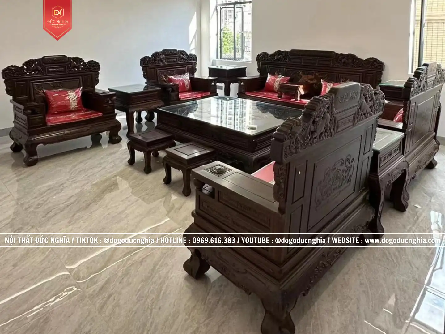 Bộ ghế Như Ý Kỳ Lân Gỗ Gụ Lào - Hàng Tiêu Chuẩn Xuất Khẩu