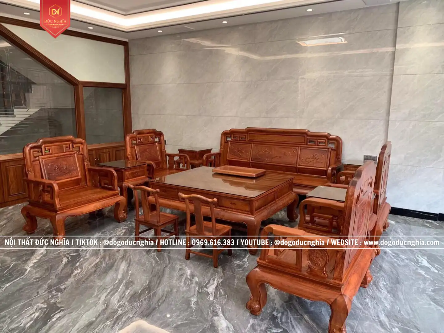 Bộ Ghế Quốc Sắc Thiên Hương Tay Đơn - 12 Món Gỗ Hương Mộng Tàu